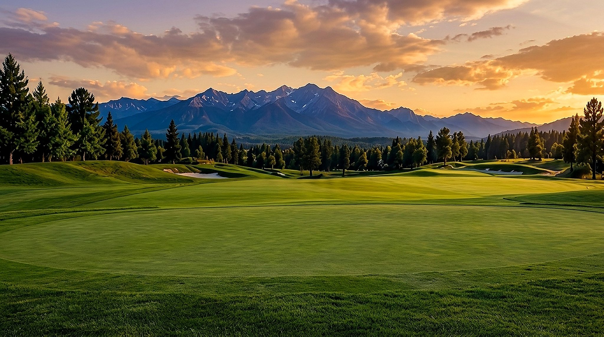 Golf fairway with mountain backdrop at sunset