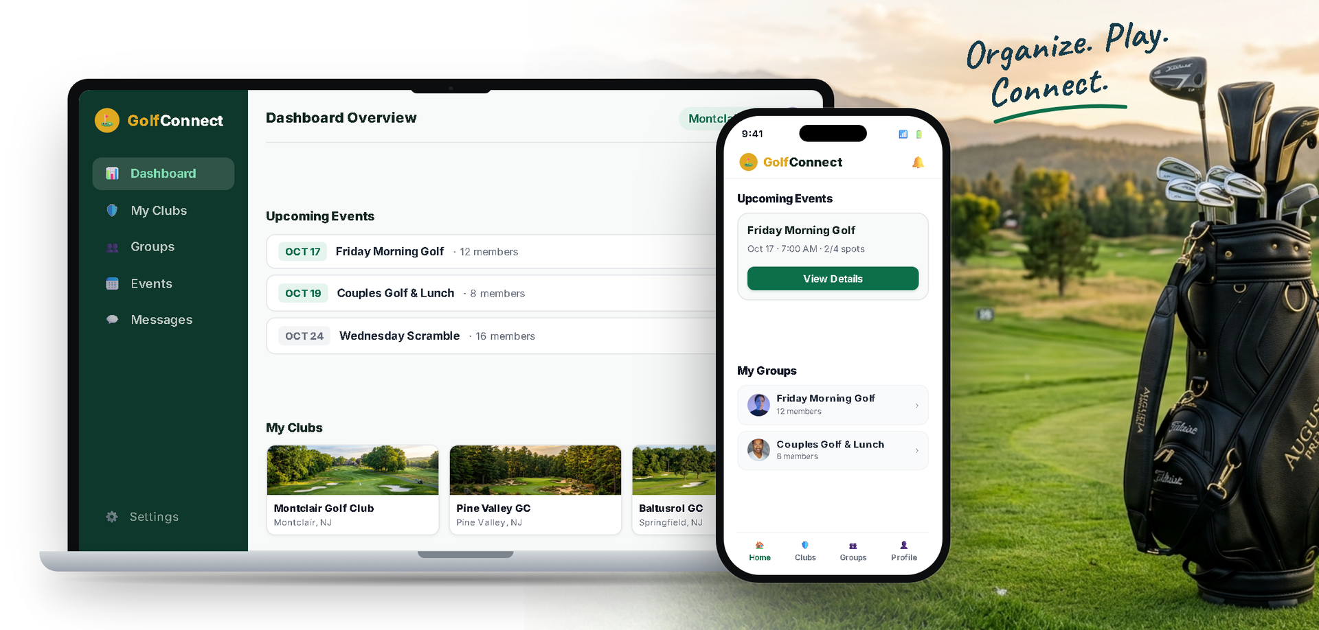 GolfConnect MacBook and iPhone app mockup with golf bag on course
