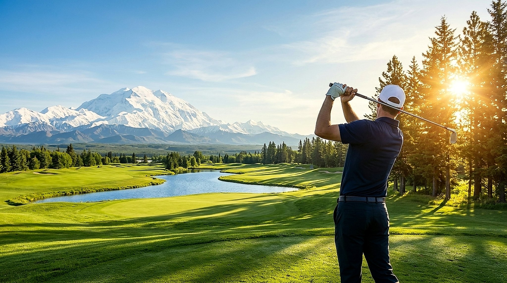 Golfer finishing swing on championship golf course with mountains and sunrise