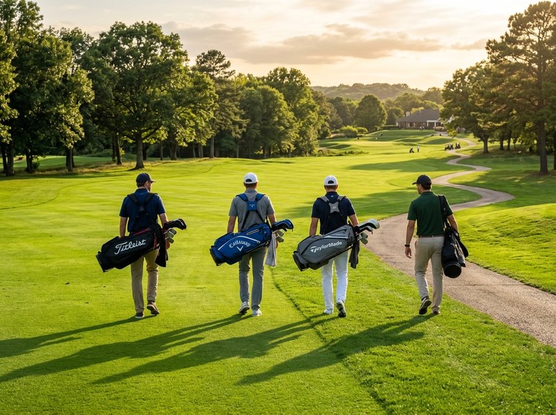 Four golfers walking down fairway